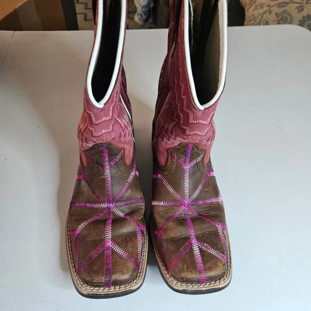 Ariat Youth Western Boots Brown Pink Purple Square Toe 10021594 Size 1